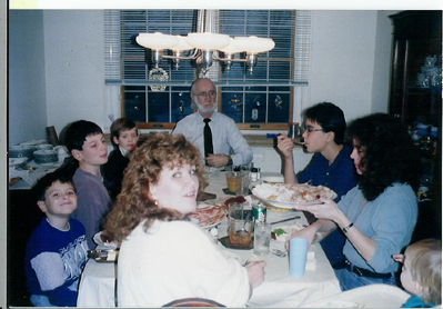 Dad, Eric, Kathy, Nicky, Liz, Tommy, Joey, and Franny at Mom's house having Thanksgiving Dinner.